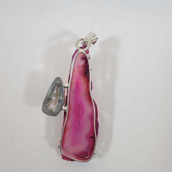 Handmade Silver Pendant with Pink Agate, Garnet & Pearl Accent - Picture 3 of 10